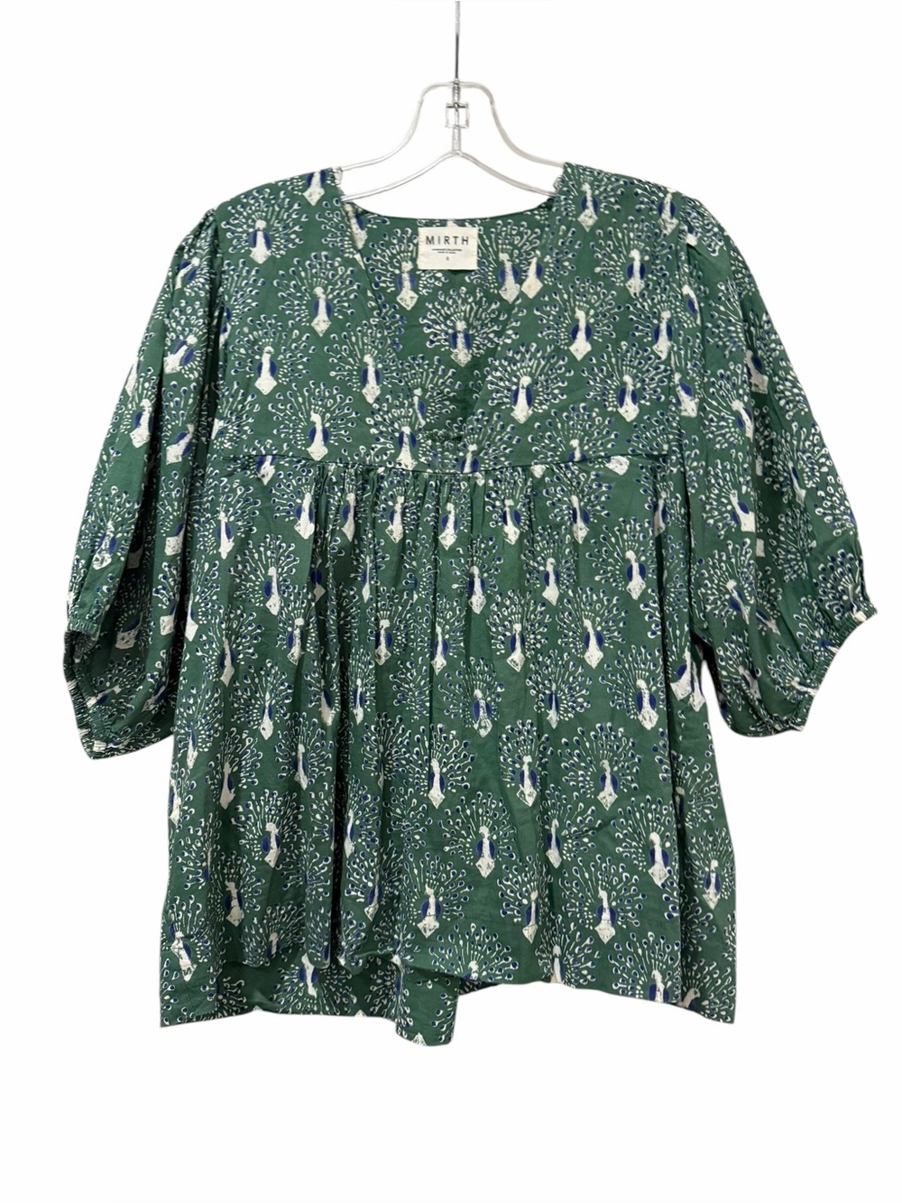 Mirth Small Green Peacock Print 100% Cotton Blouse Flowy Boho B5